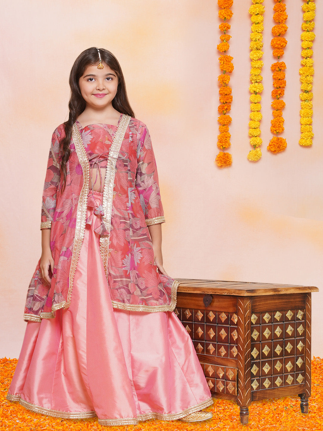 Bitiya by Bhama Girls Peach Floral Printed Shrug & Blouse With Ready to Wear Lehenga.