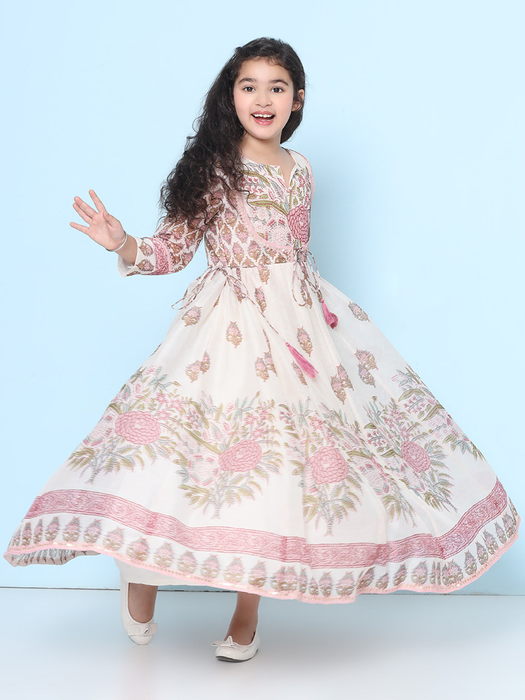 Bitiya by Bhama Girls Off white & Pink Floral Maxi Dress