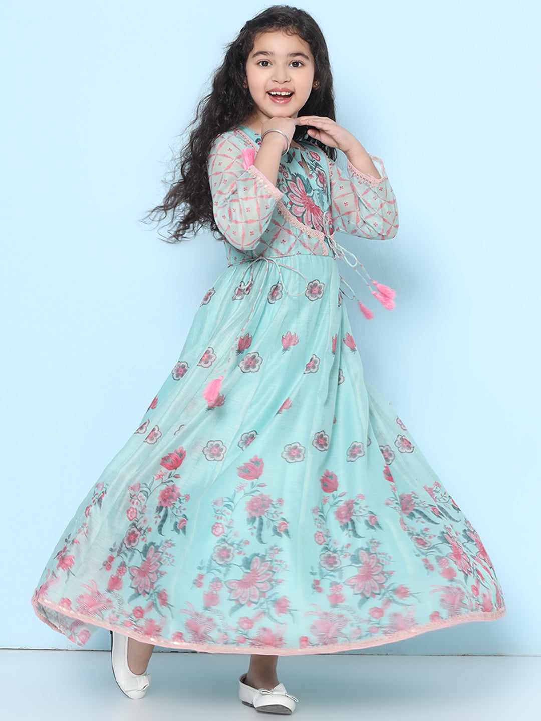 Bitiya by Bhama Girls Sea Green & Pink Floral Maxi Dress