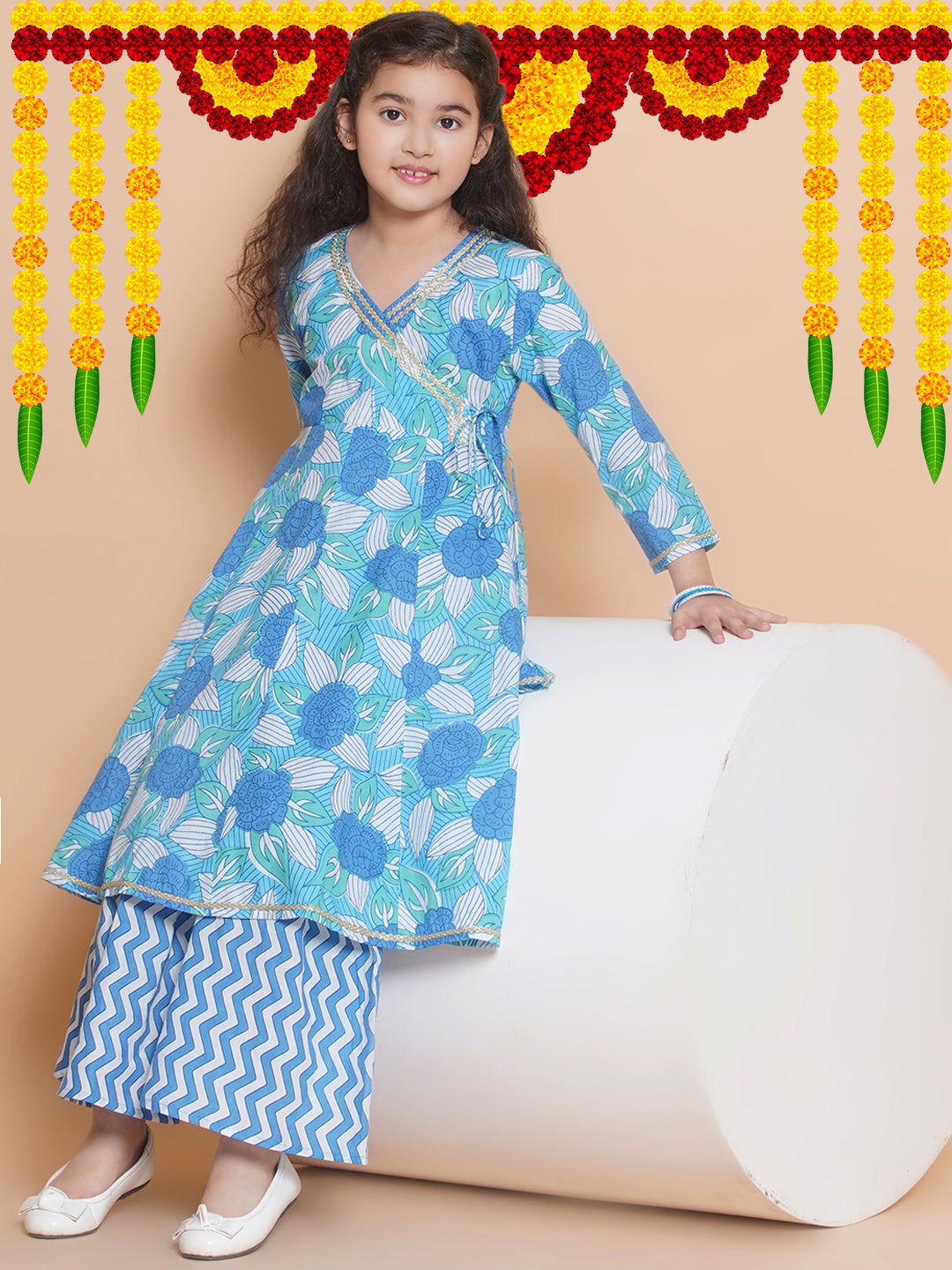 Bitiya by Bhama Girls Blue Floral  Printed Angrakha Kurta with Sharara