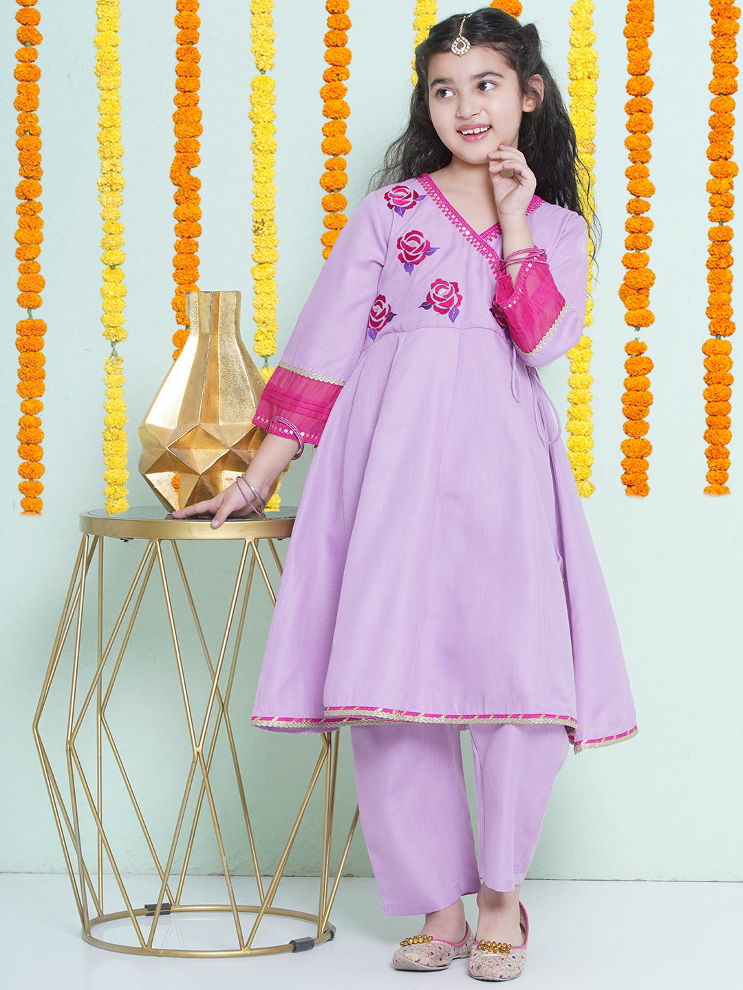 Bitiya by Bhama Girls Purple Embroidered Angrakha Kurta with Trousers