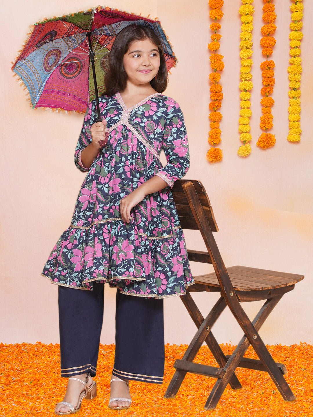 Bitiya by Bhama Girls Navy Blue Pink Floral Printed  Kurta With Palazzos.