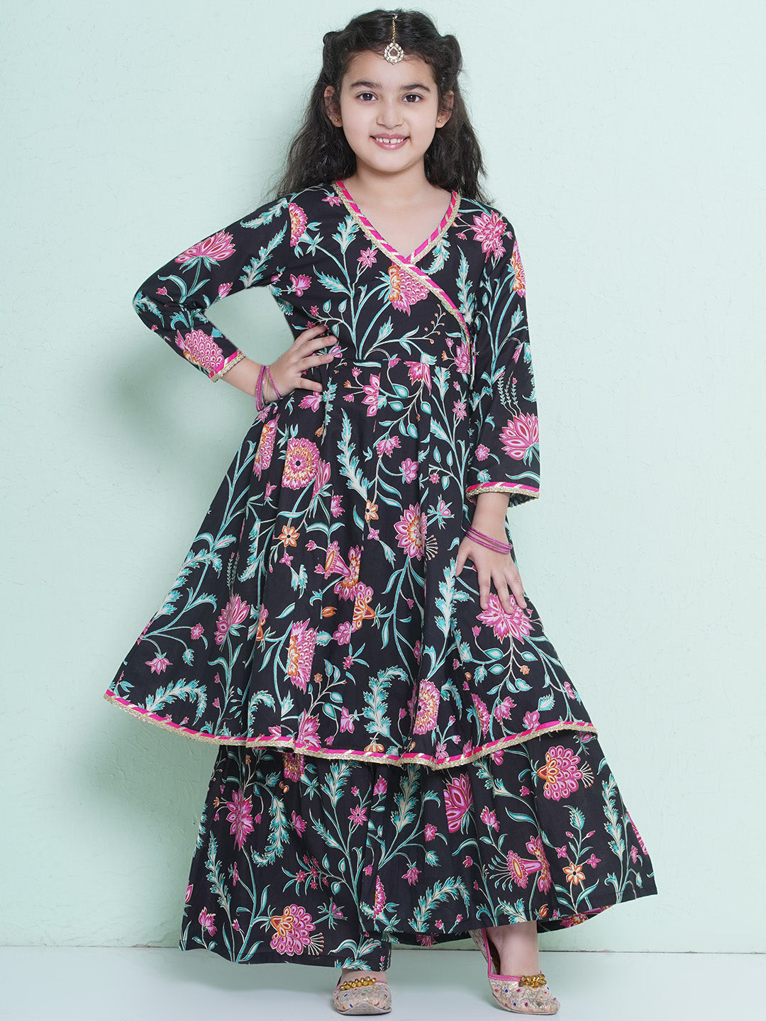 Bitiya by Bhama Girls Black Floral  Printed Angrakha Kurta with Sharara