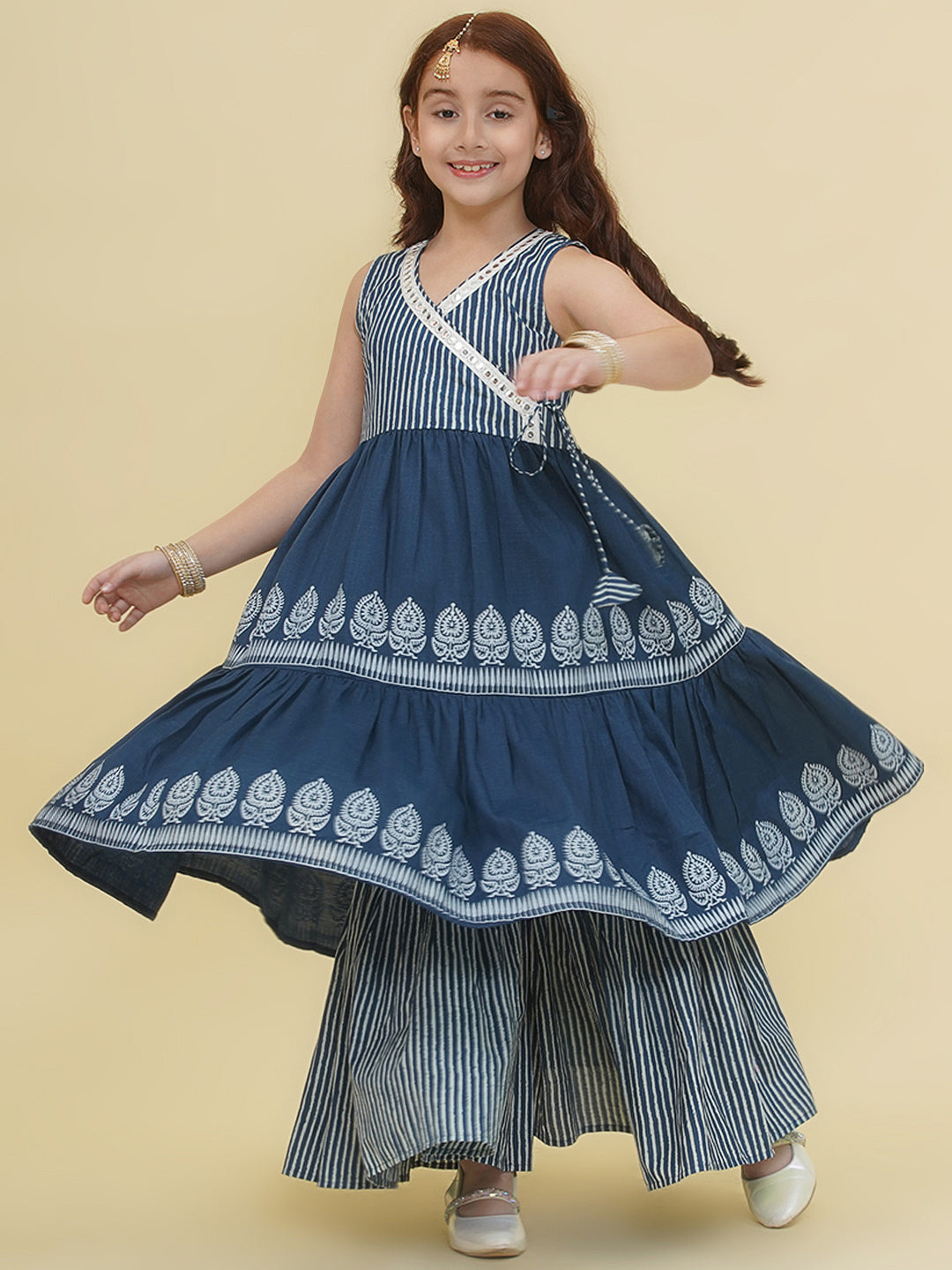 Bitiya by Bhama Girls Blue Geometrical  Printed Angrakha Kurta with Sharara