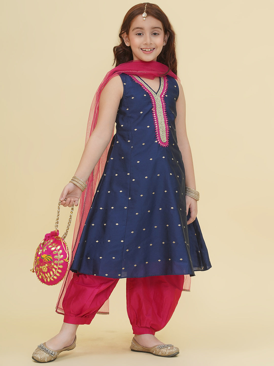 Bitiya by Bhama Girls Blue Self Design Kurta with Afgani Salwar with Dupatta.