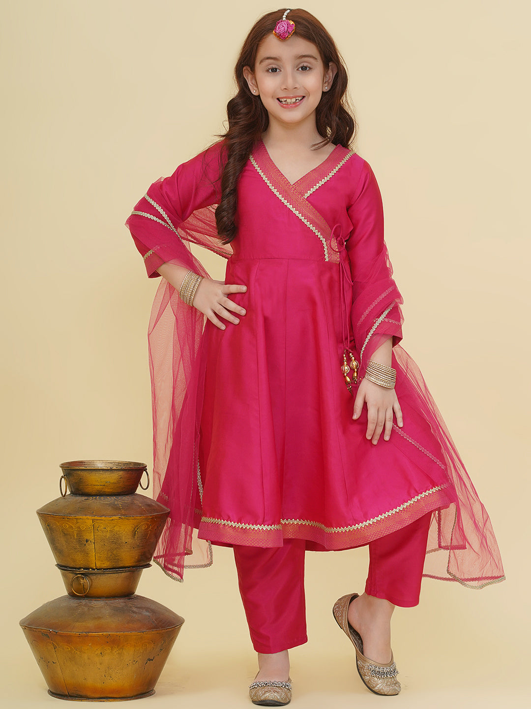 Bitiya by Bhama Girls Pink Angrakha Kurta with Trousers with Dupatta