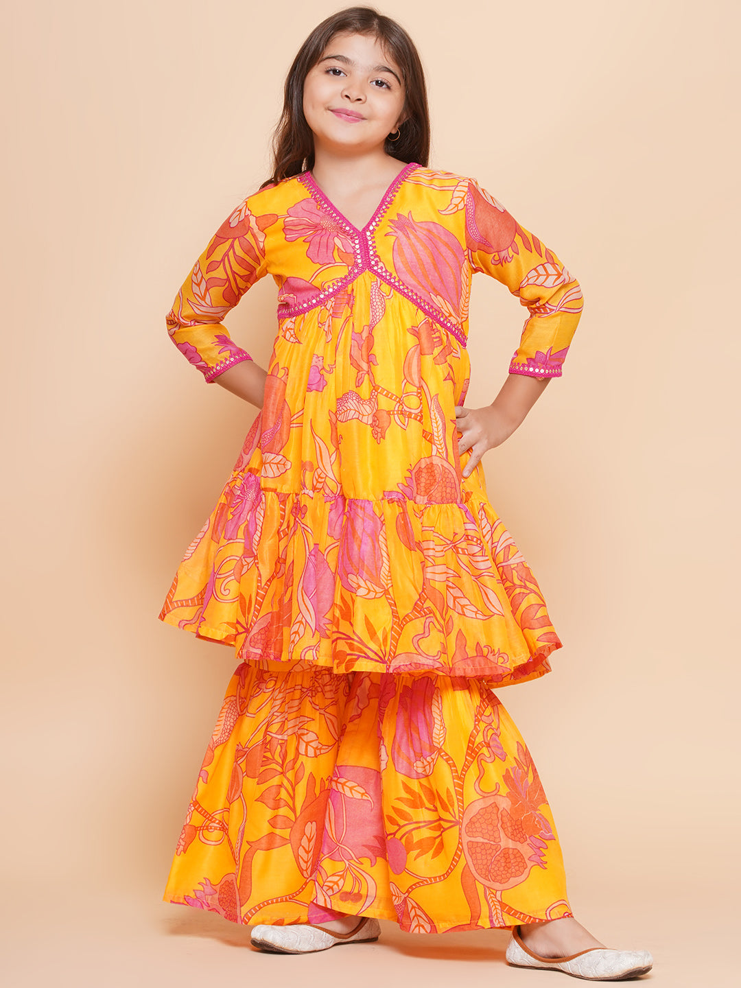 Bitiya by Bhama Girls Yellow Floral Printed Alia Design Kurta With Sharara