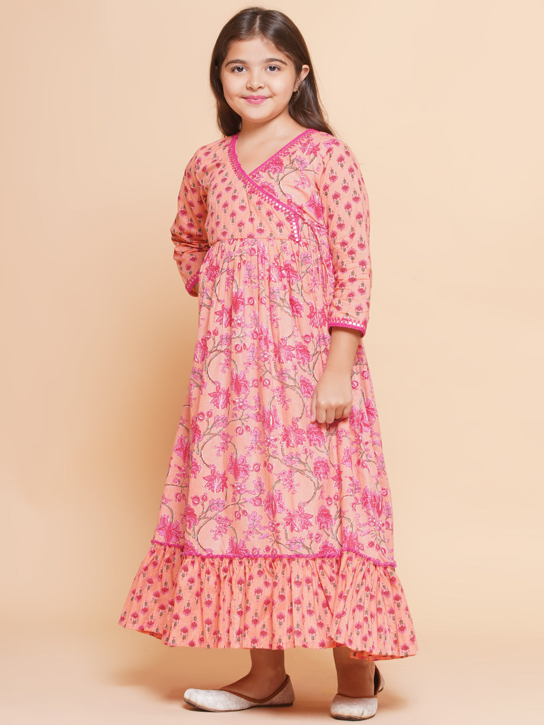 Bitiya by Bhama Girls Peach Floral Printed Shrug & Blouse With Ready to Wear Lehenga.