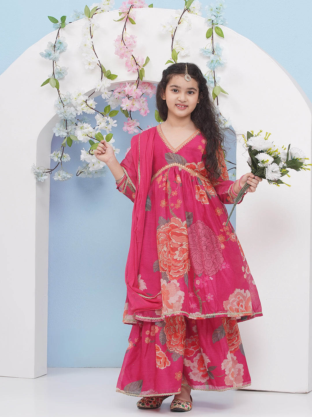 Bitiya by Bhama Girls Pink Floral Printed Alia Design Kurta With Sharara With dupatta