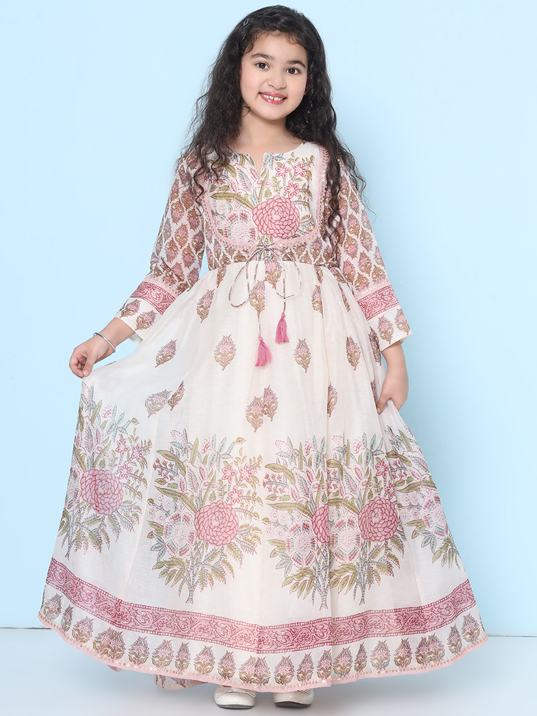 Bitiya by Bhama Girls Off white & Pink Floral Maxi Dress