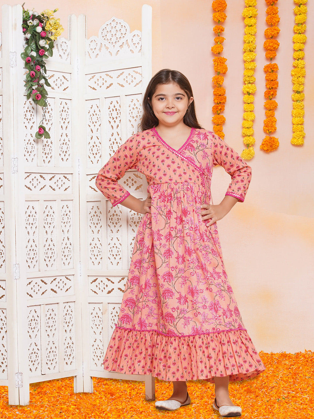 Bitiya by Bhama Girls Peach Floral Printed Shrug & Blouse With Ready to Wear Lehenga.