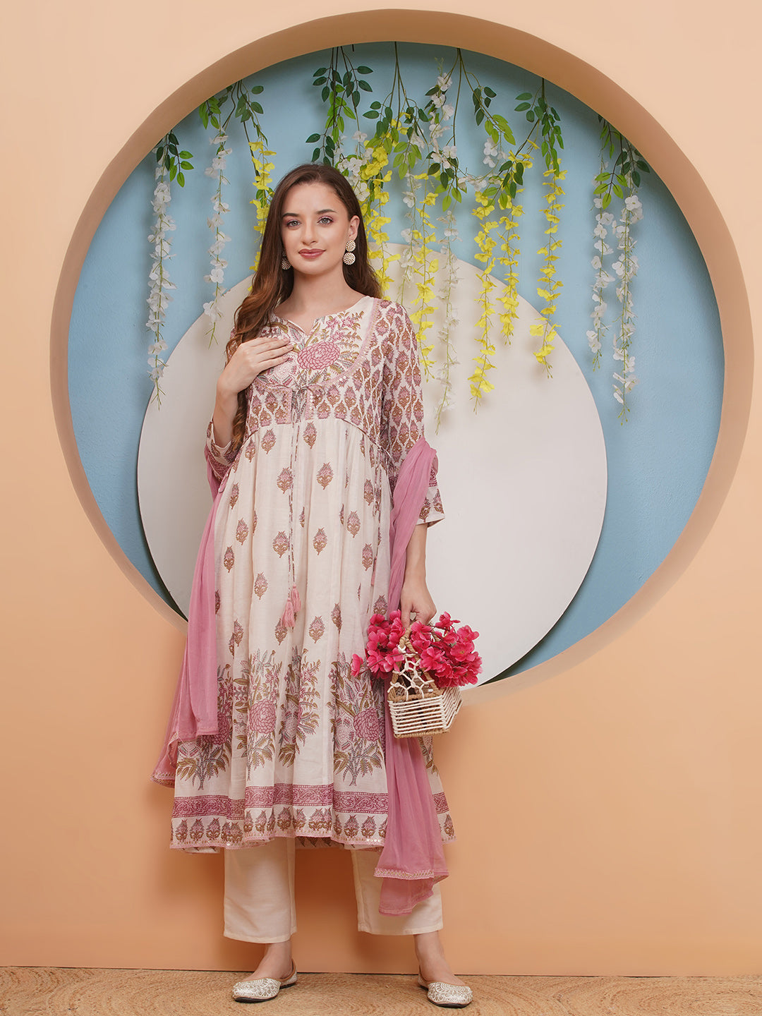 Bhama CoutureOff white  Pink Floral Digital Printed Anarkali Flared Kurta with Palazzos Dupatta.