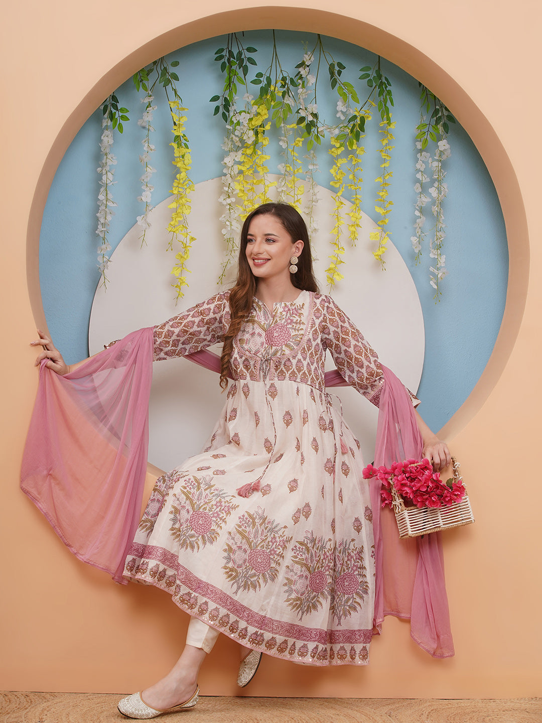 Bhama CoutureOff white  Pink Floral Digital Printed Anarkali Flared Kurta with Palazzos Dupatta.