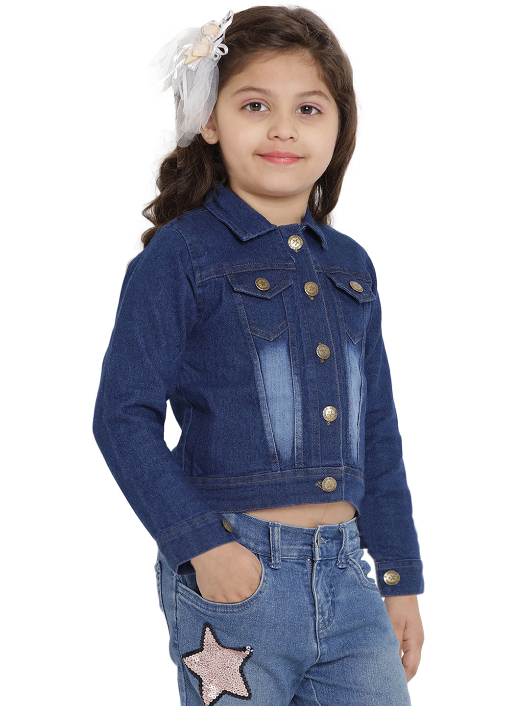 Bitiya By Bhama Girls Blue Solid Lightweight Denim Jacket