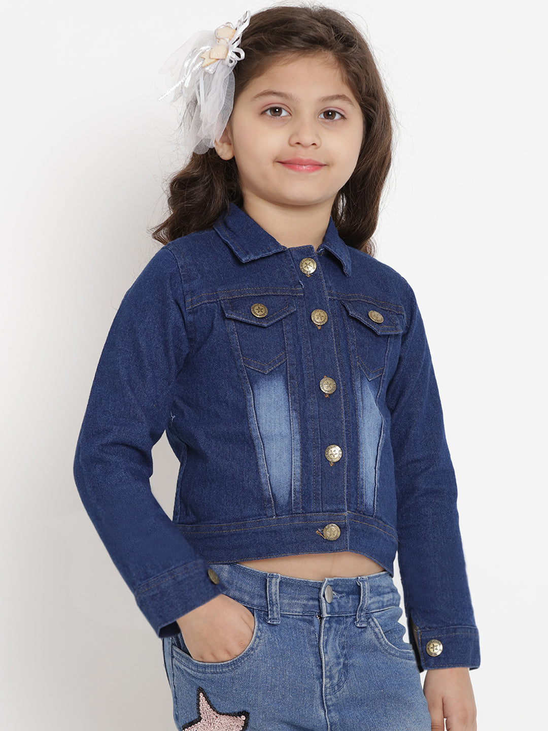 Bitiya By Bhama Girls Blue Solid Lightweight Denim Jacket