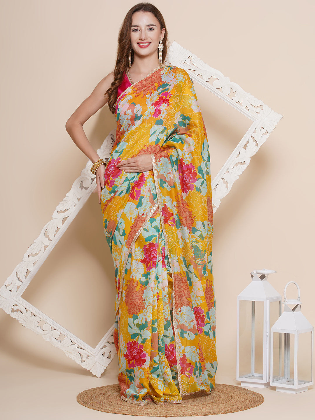 Yellow Multi Printed Chanderi Sarees with Embellished border