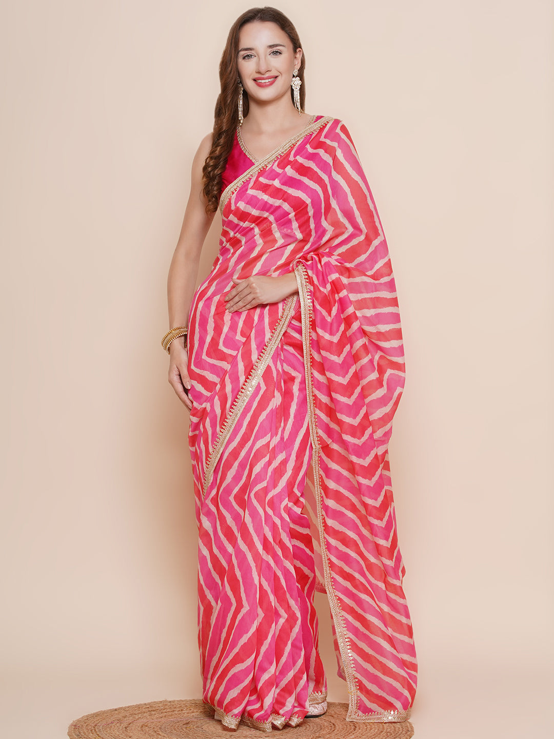 Pink Leheriya Printed Chanderi Sarees with Embellished border