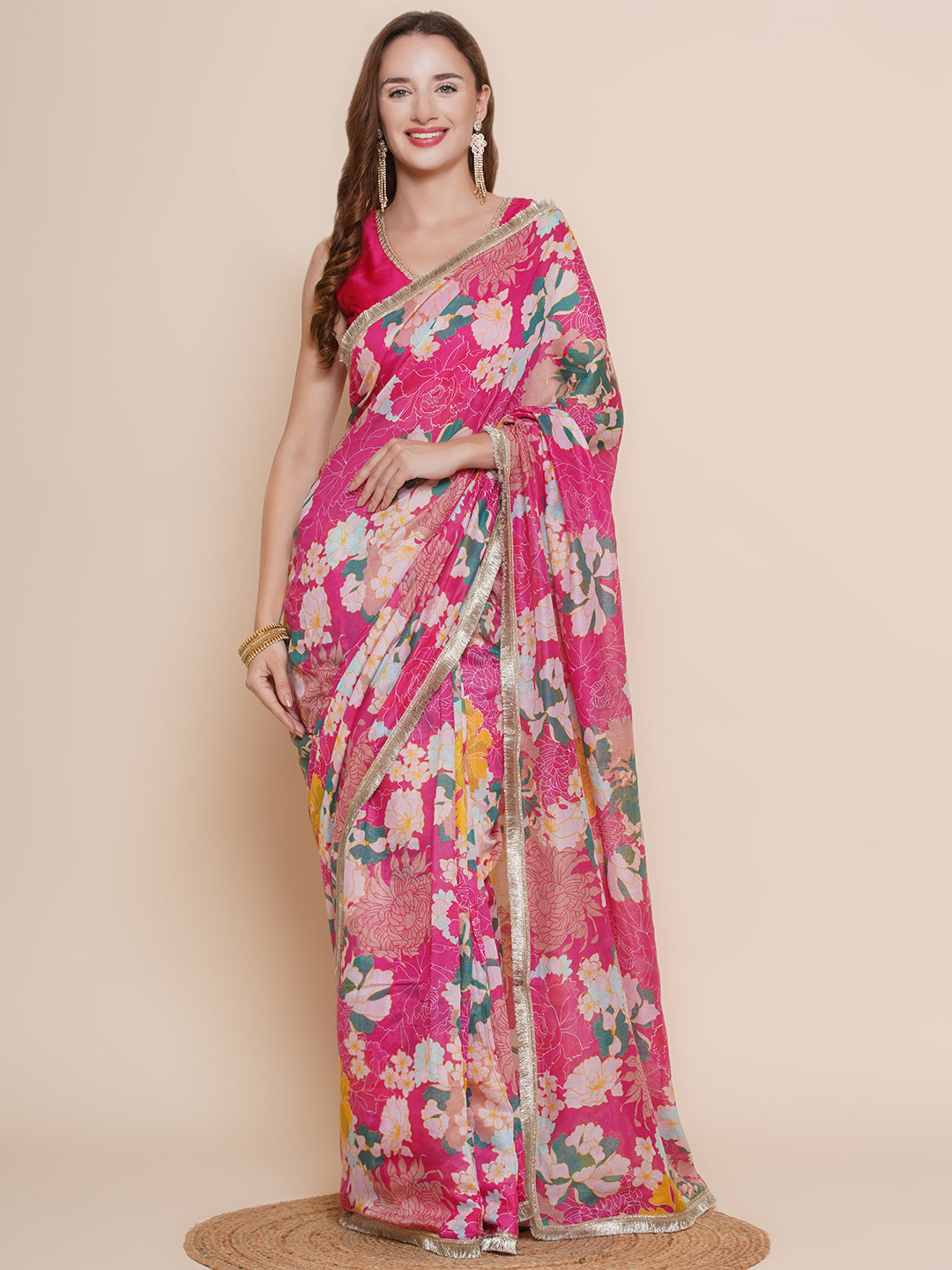 Pink Floral Multi Printed Chanderi Sarees with Embellished border