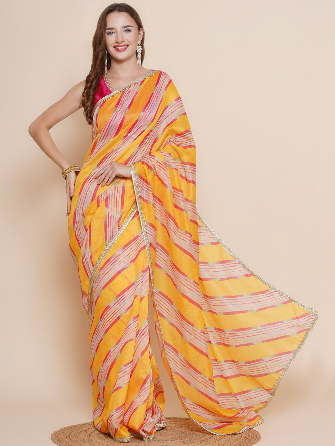 Yellow Leheriya Printed Chanderi Sarees with Embellished border