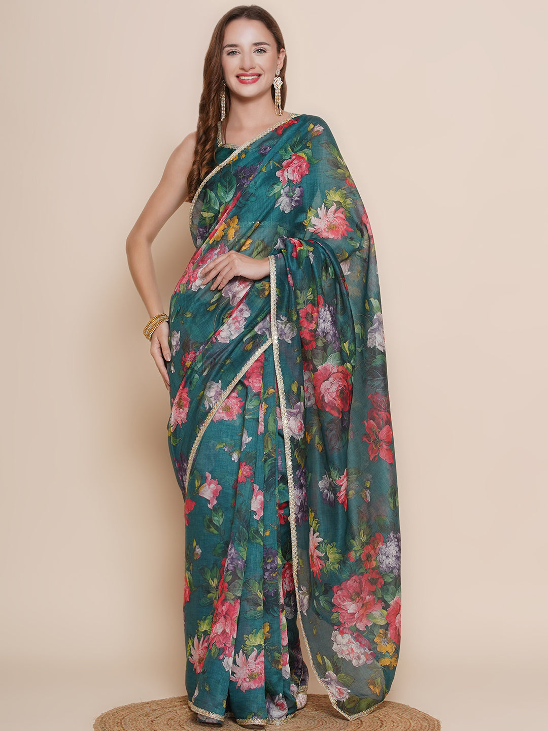 Green Floral Printed Chanderi Sarees with Embellished border