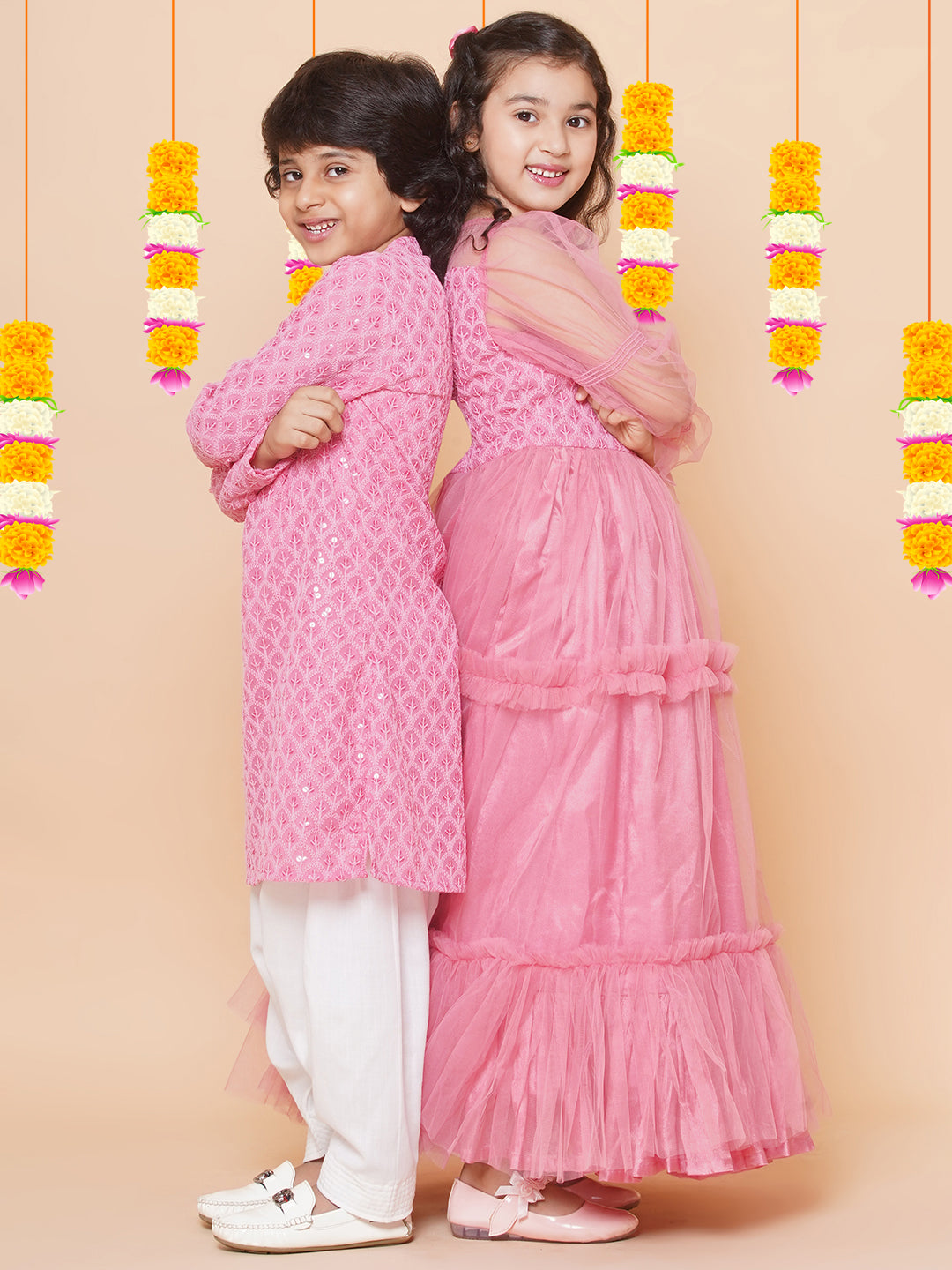 Bitiya By Bhama Girls Pink Embroidered Net Fit & Flared Gown Dress