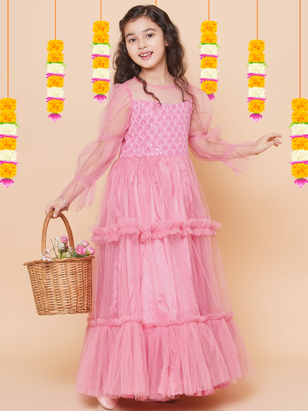 Bitiya By Bhama Girls Pink Embroidered Net Fit & Flared Gown Dress