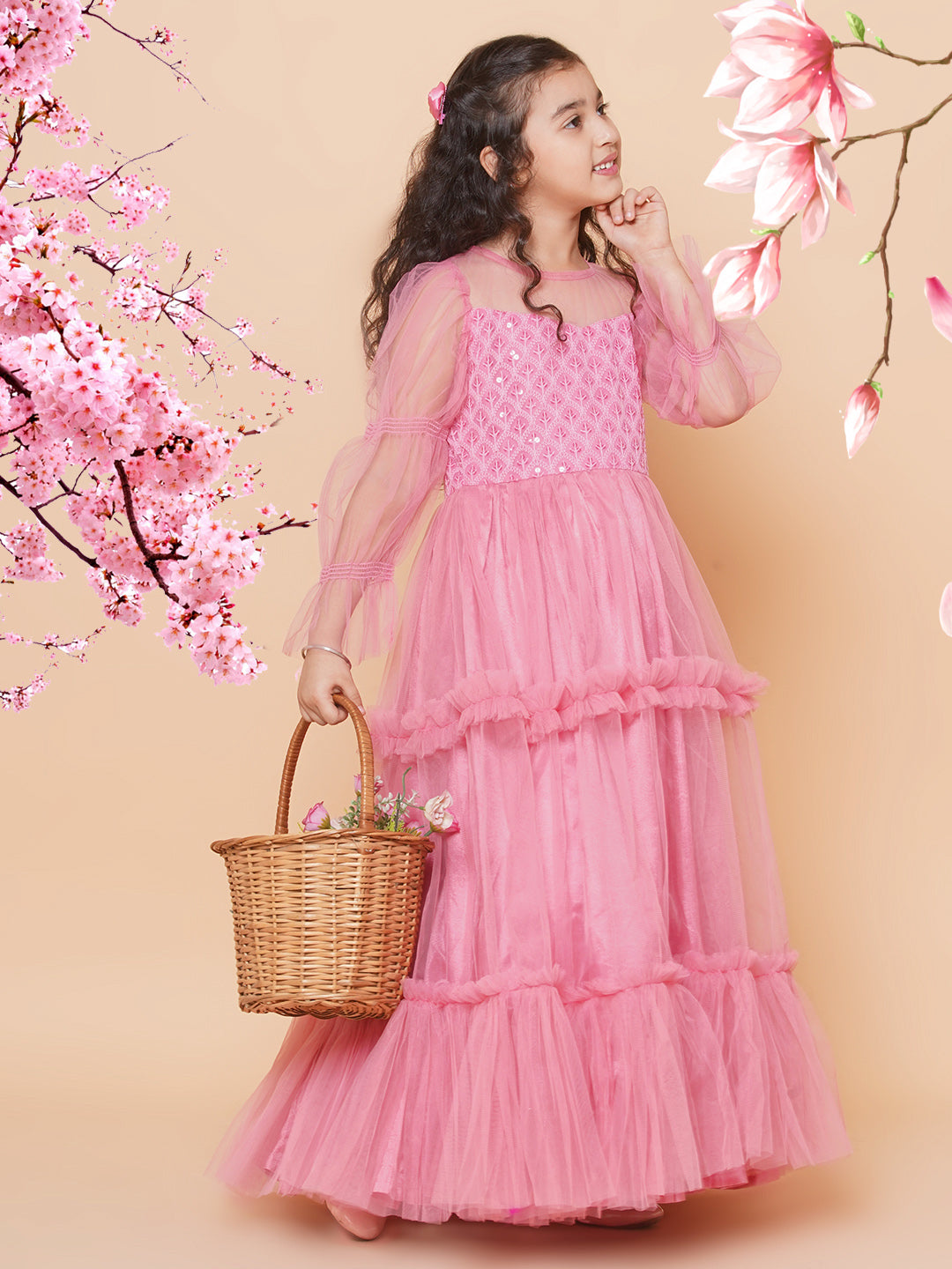 Bitiya By Bhama Girls Pink Embroidered Net Fit & Flared Gown Dress