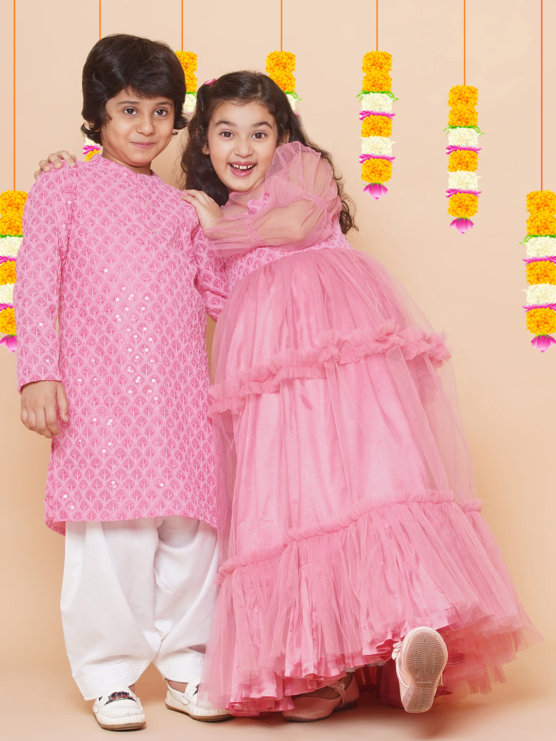 Bitiya By Bhama Girls Pink Embroidered Net Fit & Flared Gown Dress