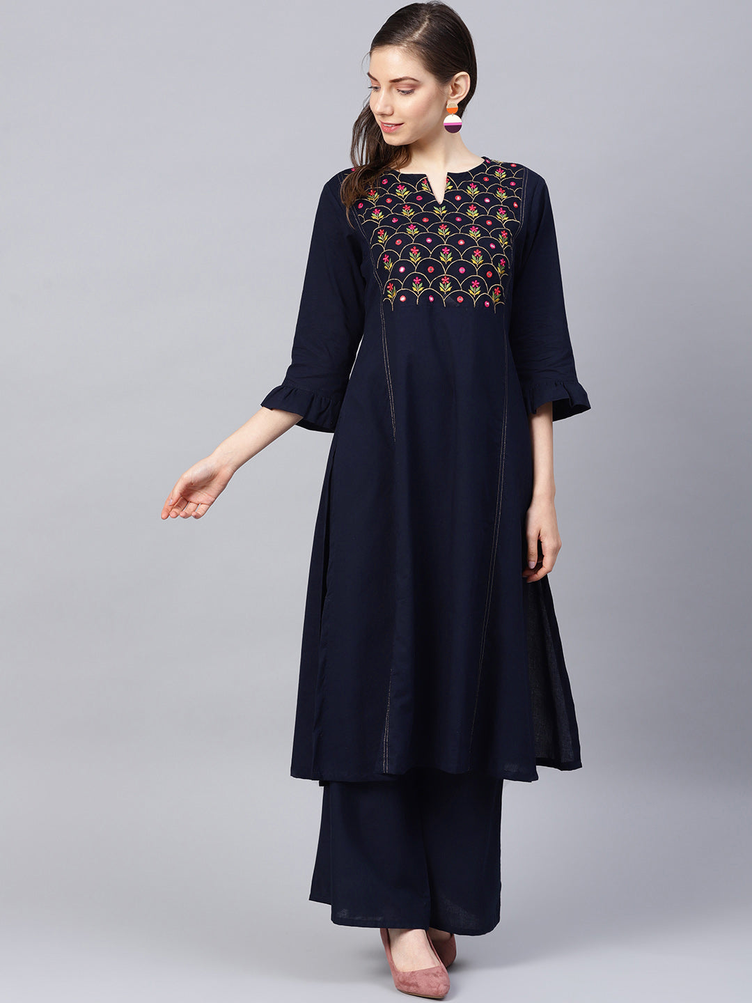 Navy Blue Floral Embroidered Regular Mirror Work Kurta with Palazzos