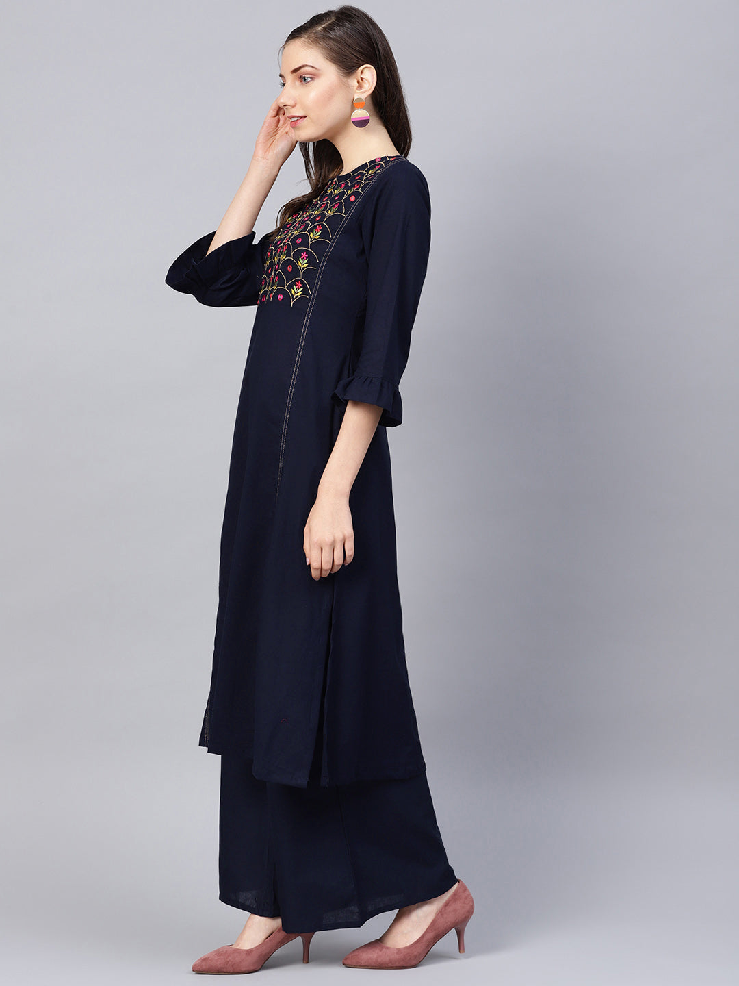 Navy Blue Floral Embroidered Regular Mirror Work Kurta with Palazzos