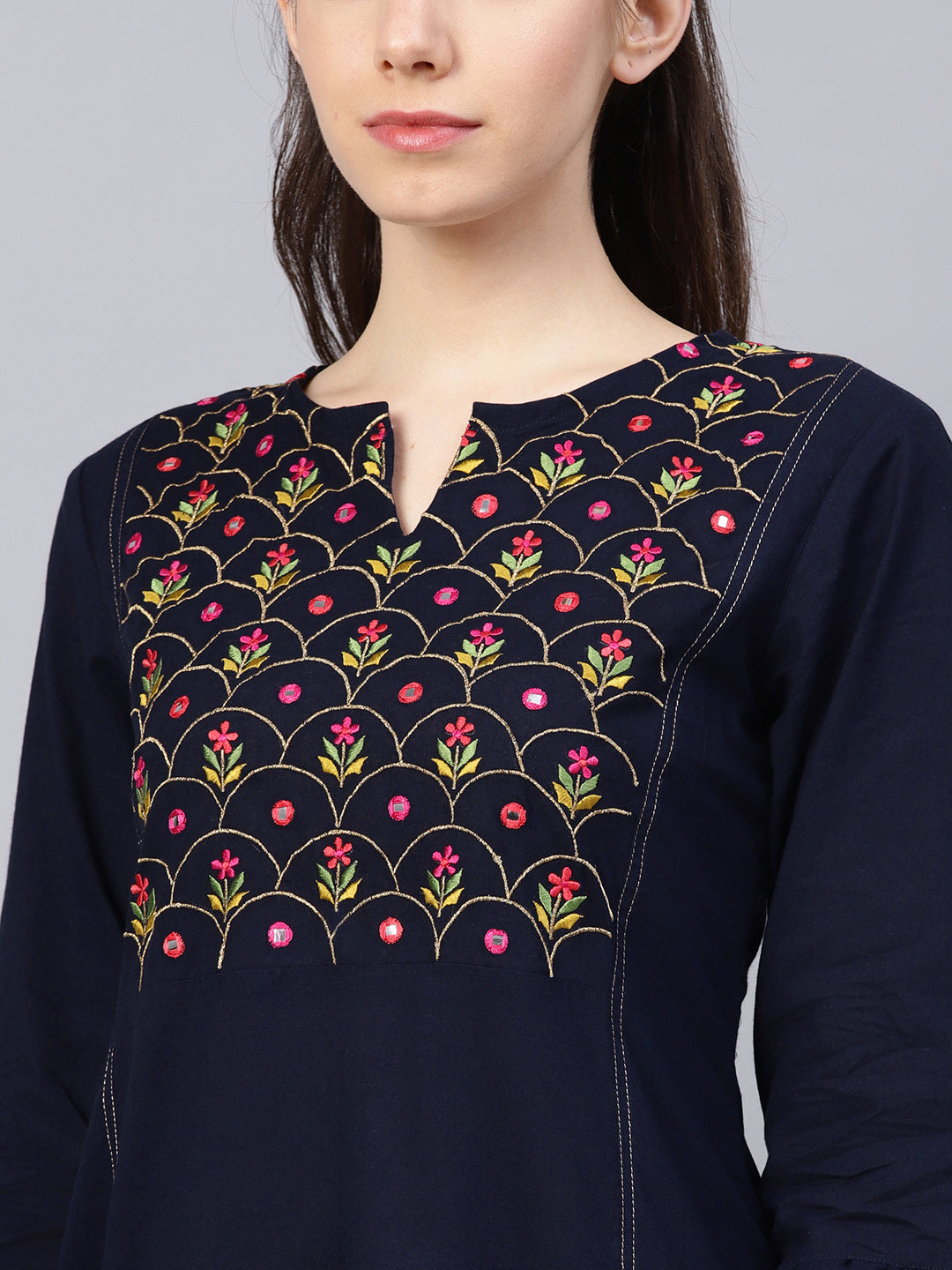 Navy Blue Floral Embroidered Regular Mirror Work Kurta with Palazzos