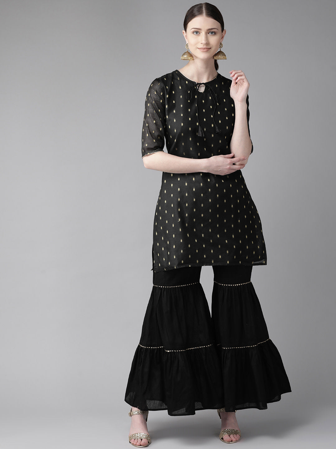 Black & Golden Woven Design Kurta with Sharara