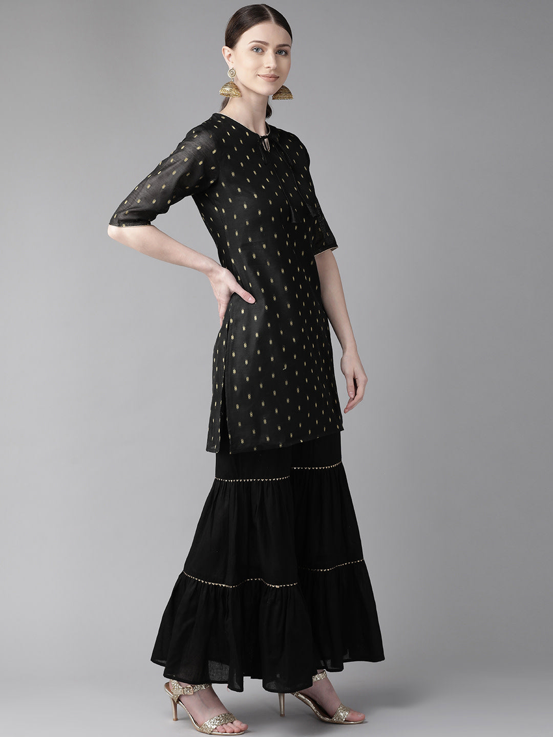 Black & Golden Woven Design Kurta with Sharara