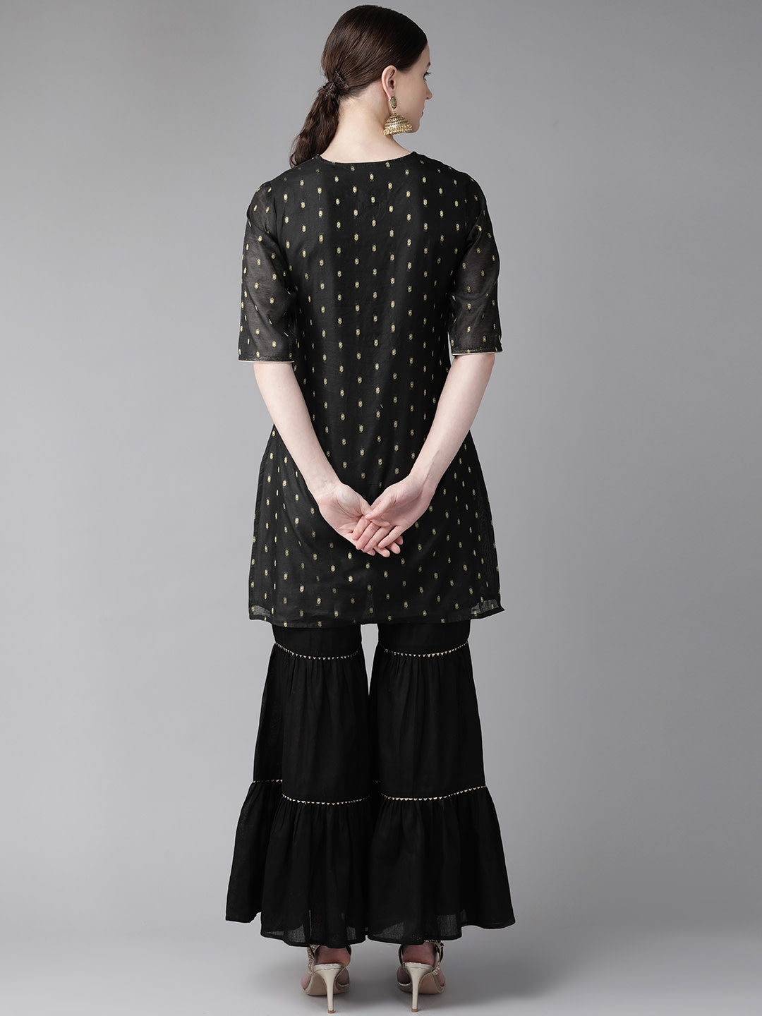 Black & Golden Woven Design Kurta with Sharara