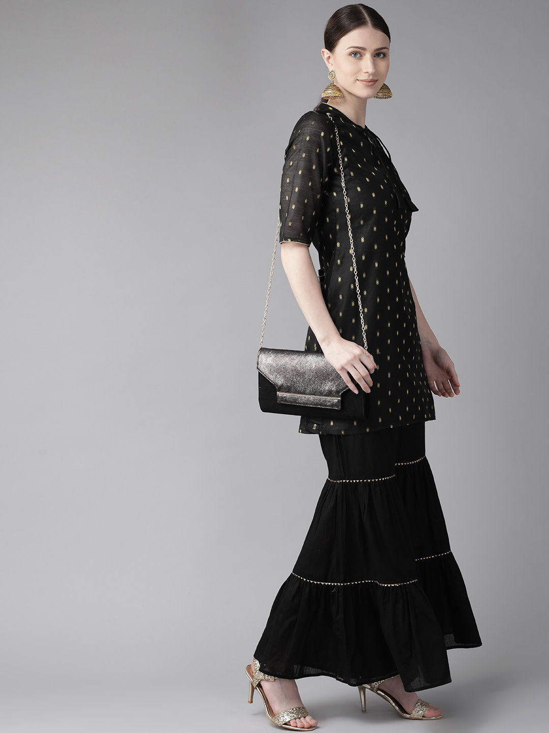 Black & Golden Woven Design Kurta with Sharara