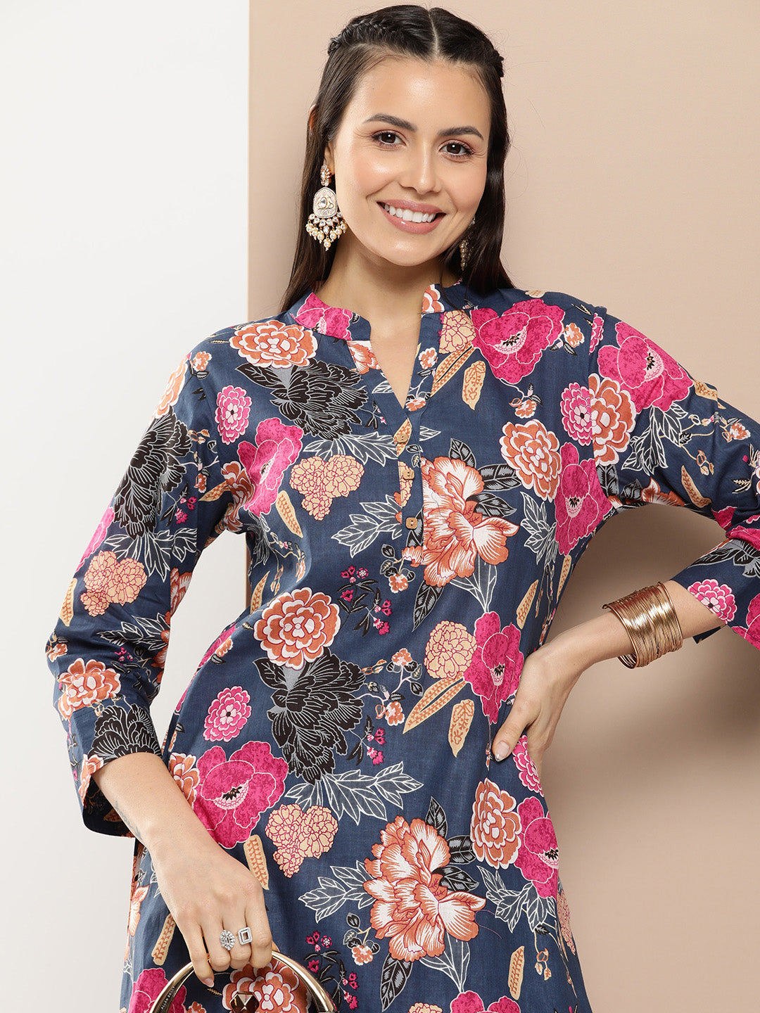 Bhama Couture Blue Floral Print Kurta With Blue Floral Print Trousers.