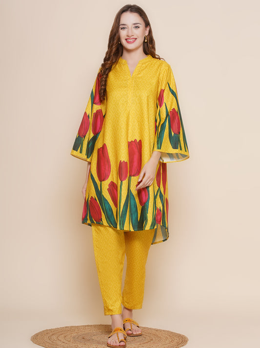 Women Mustard Yellow Tulip Printed Kurta with Palazzos