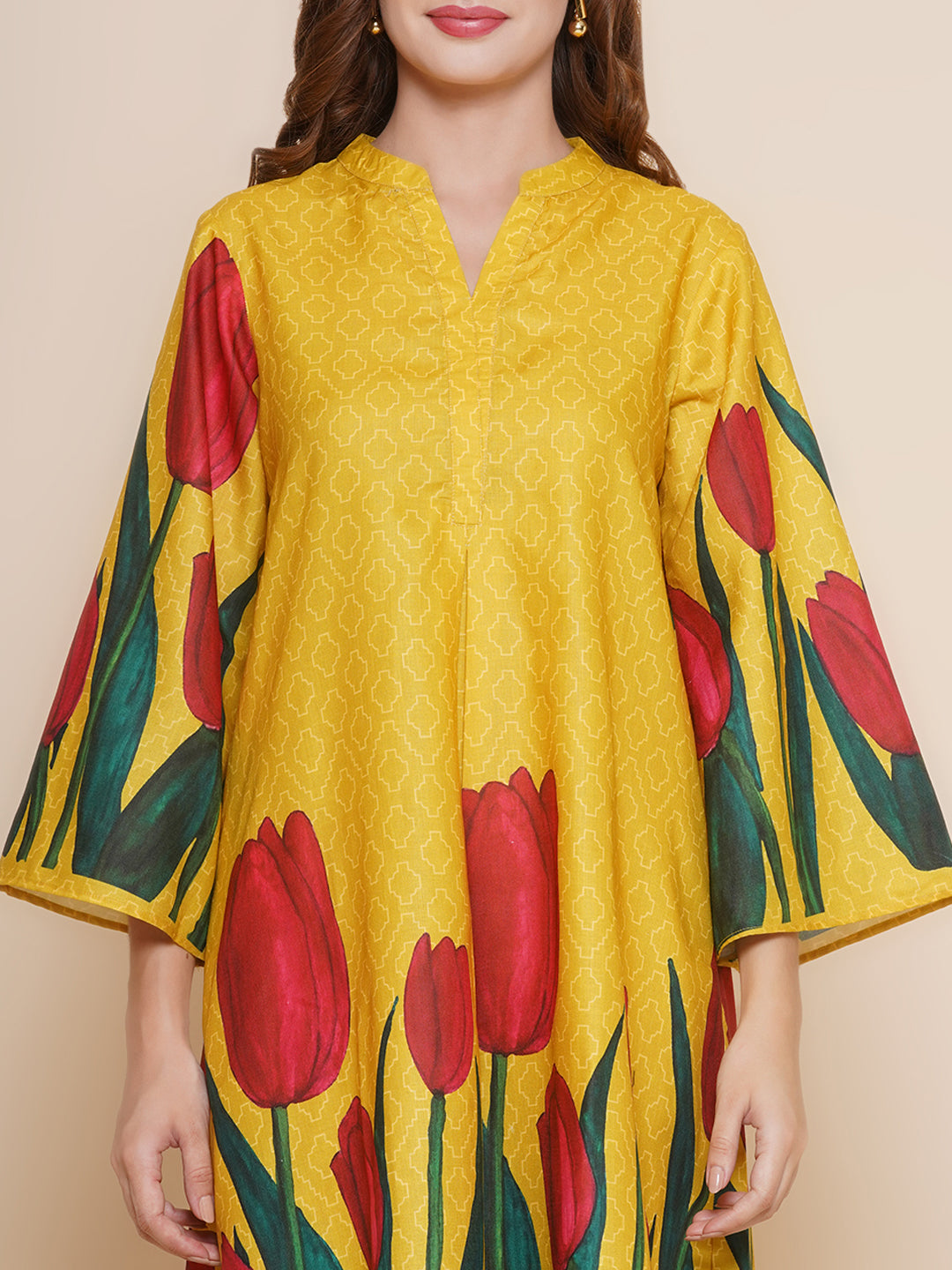 Women Mustard Yellow Tulip Printed Kurta with Palazzos