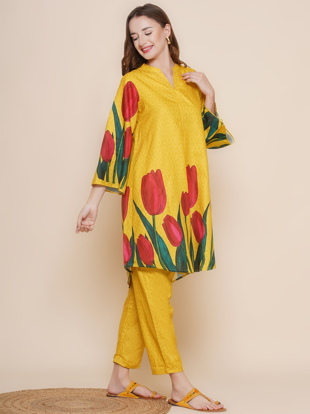 Women Mustard Yellow Tulip Printed Kurta with Palazzos