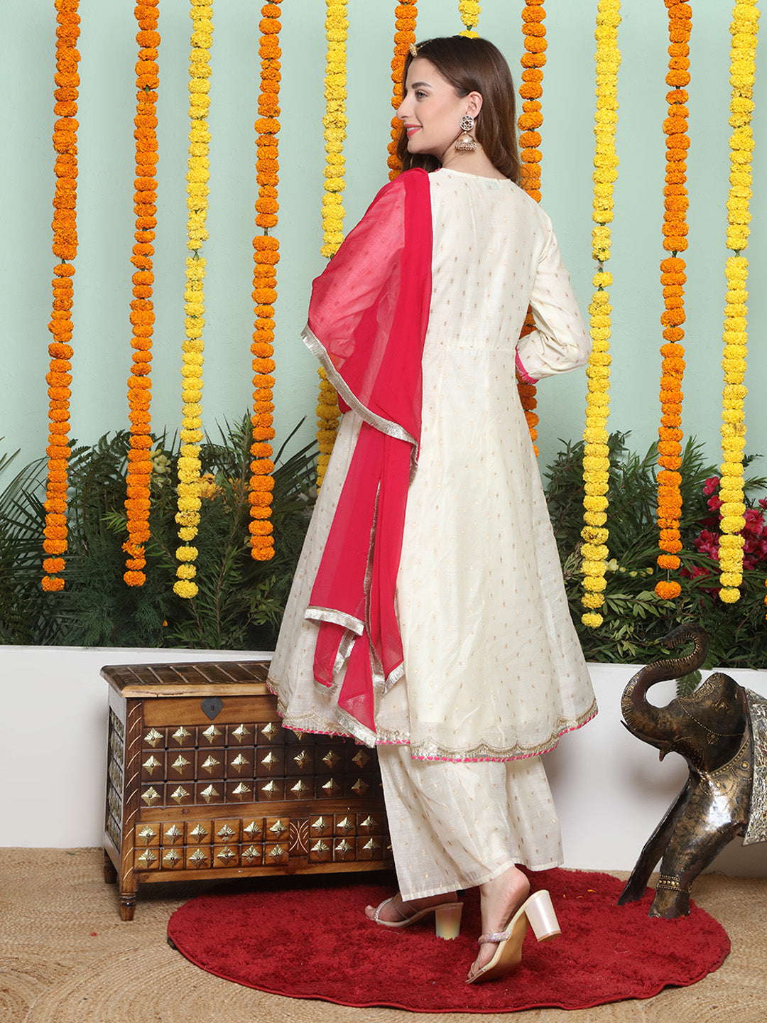 Off White Woven Booti Angrakha Kurta With Sharara With Dupatta