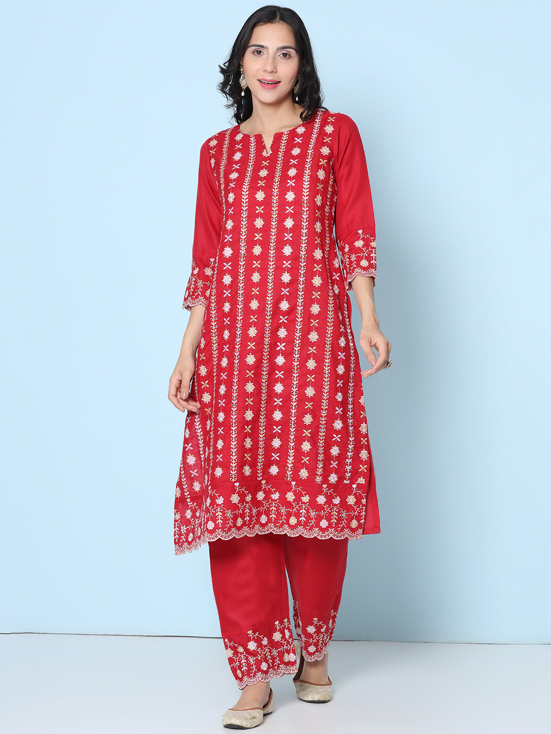 Maroon Schiffli Embroidered kurta With Embroidered Trousers