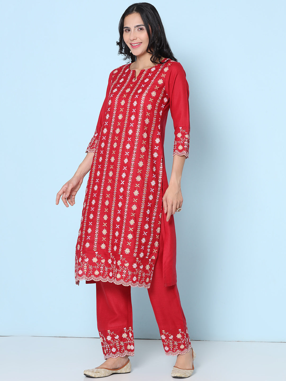 Maroon Schiffli Embroidered kurta With Embroidered Trousers