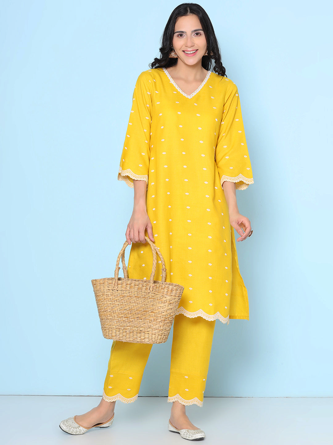 Yellow Colour Embroidered Kurta With Yellow Solid Trousers