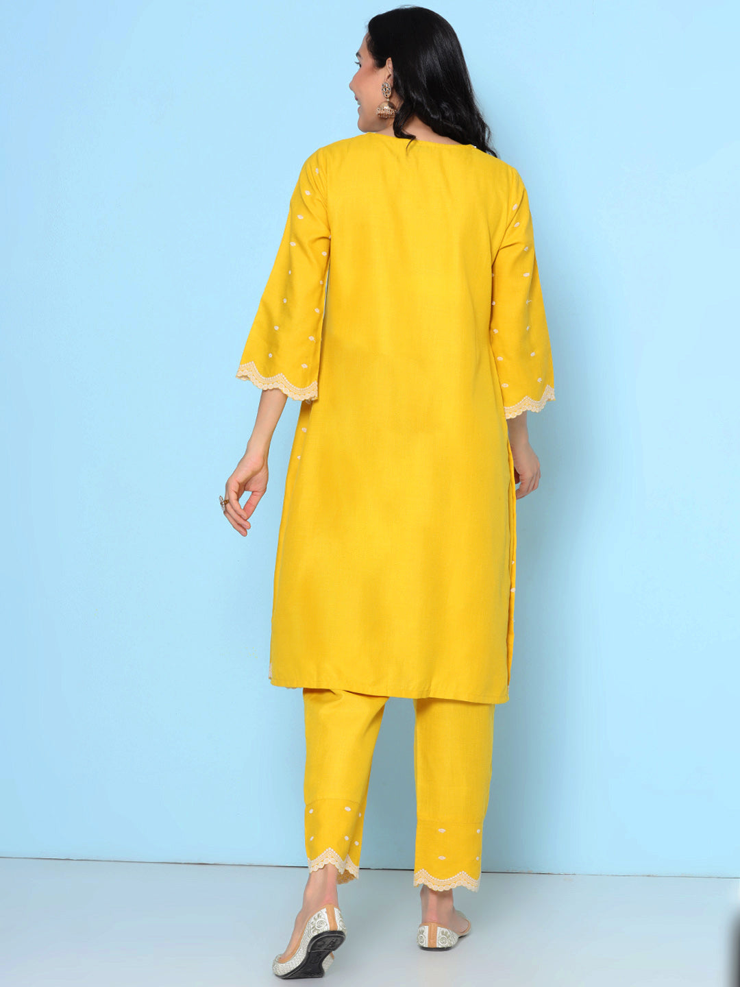 Yellow Colour Embroidered Kurta With Yellow Solid Trousers