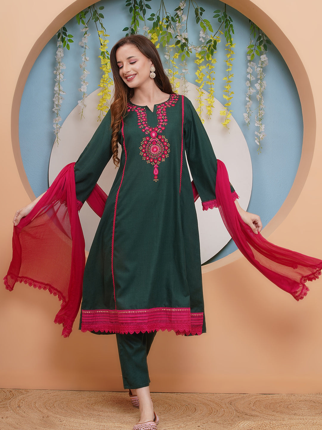 Bhama Couture Green Embroidered A Line Kurta with Palazzos Dupatta  set.