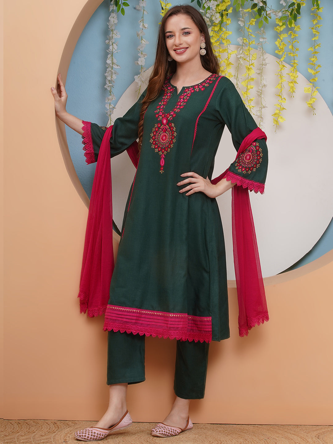 Bhama Couture Green Embroidered A Line Kurta with Palazzos Dupatta  set.