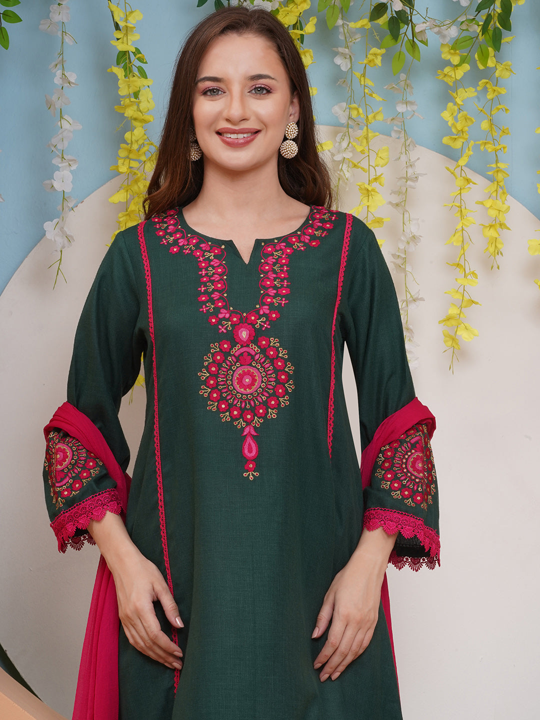 Bhama Couture Green Embroidered A Line Kurta with Palazzos Dupatta  set.