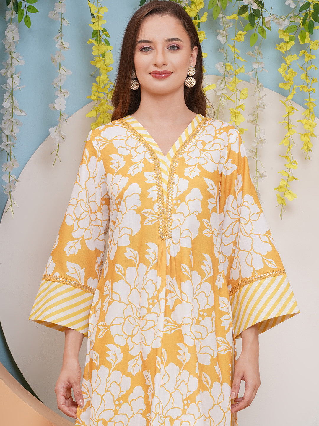 Bhama Couture Yellow & White Floral With Stripes Printed Kurta set