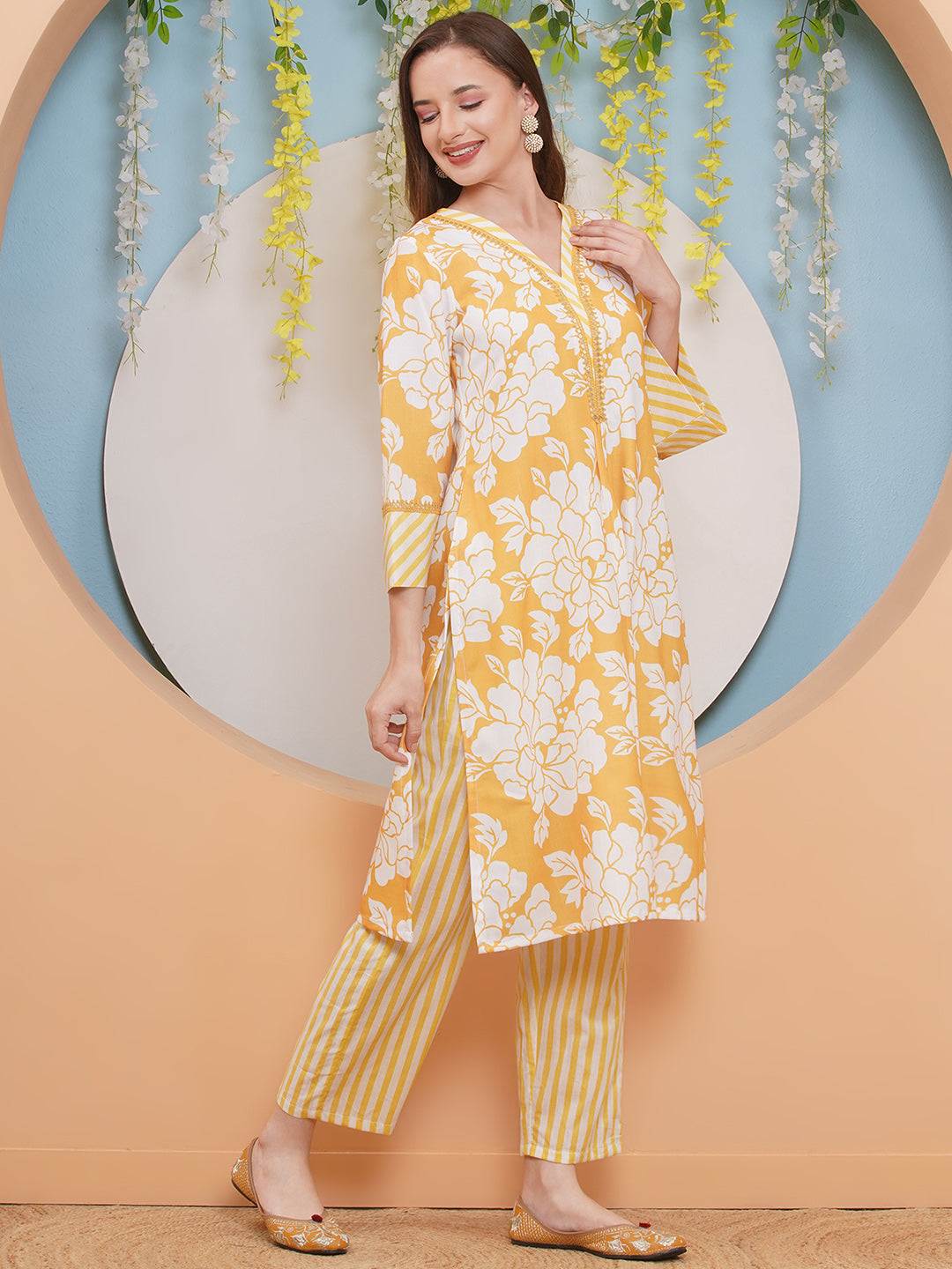 Bhama Couture Yellow & White Floral With Stripes Printed Kurta set