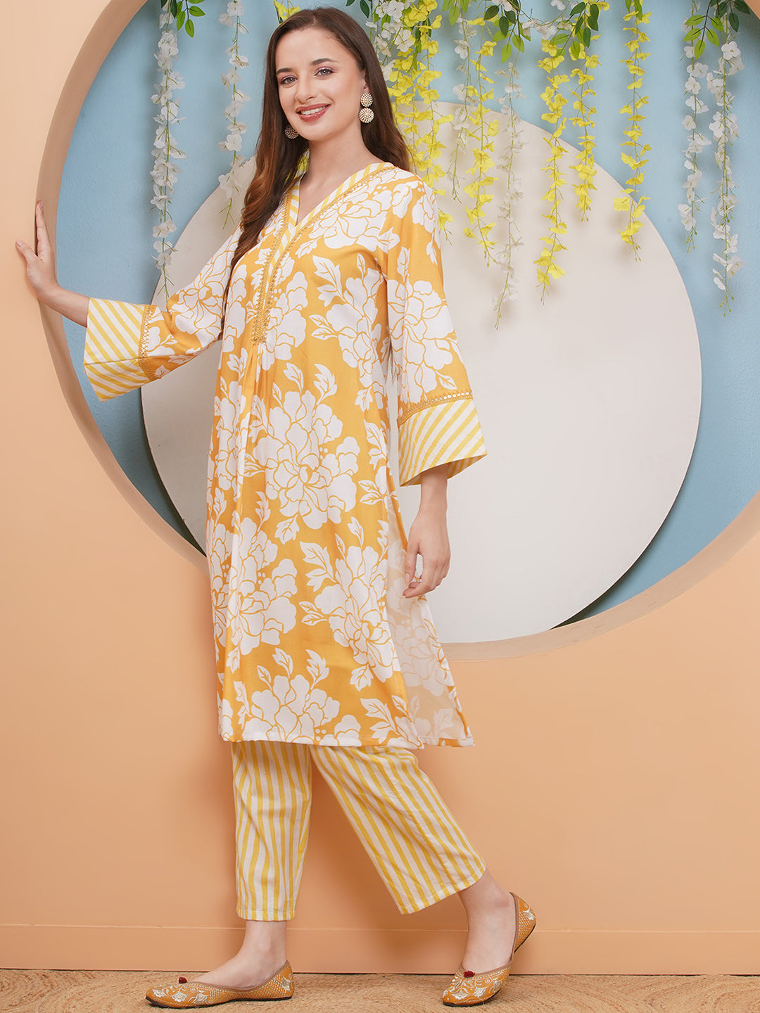 Bhama Couture Yellow & White Floral With Stripes Printed Kurta set